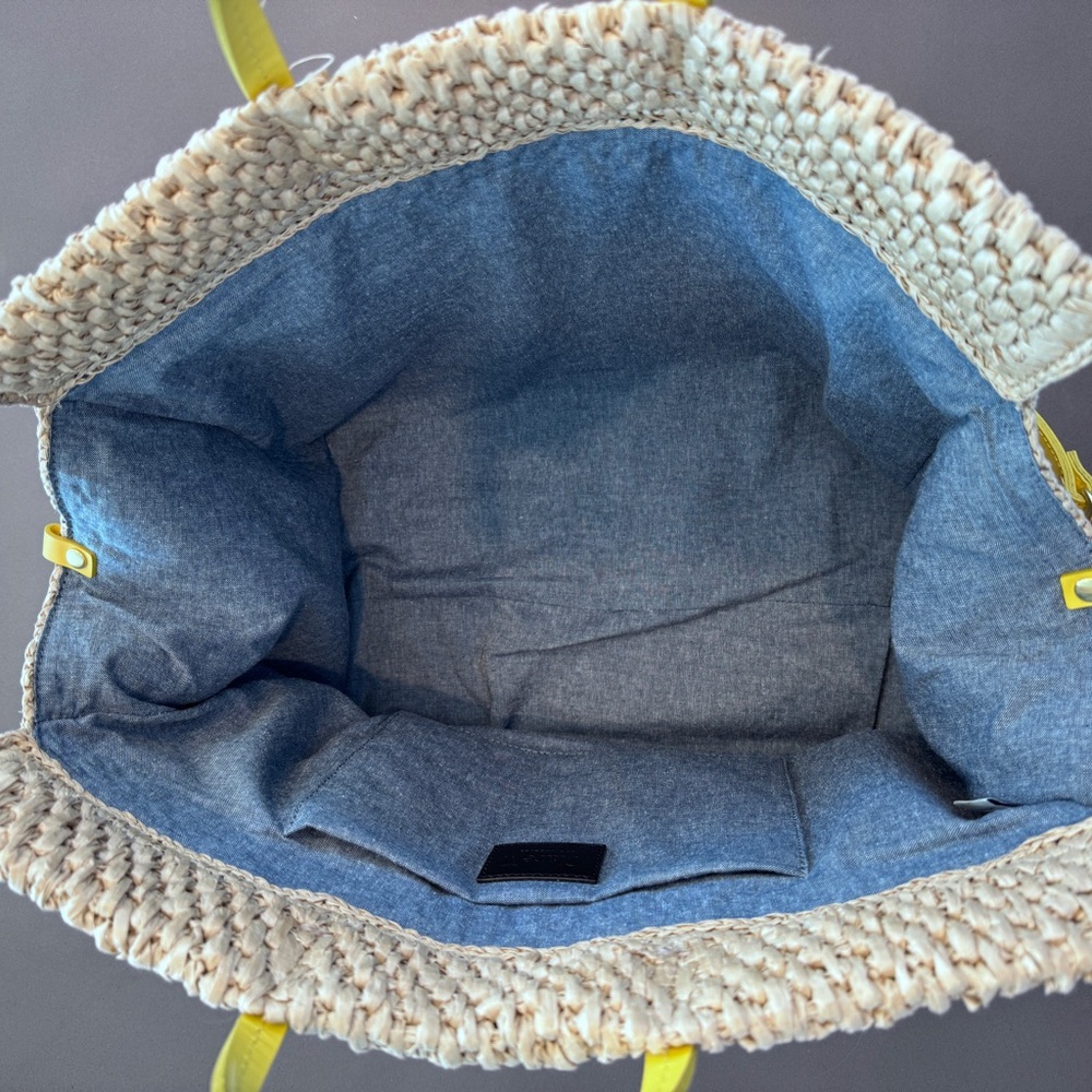 Clare V. Simple Woven Raffia Tote Bag with Yellow Straps and Denim Interior - Picture 9 of 10